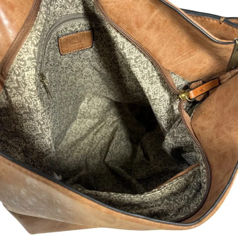 Joy Susan Darcy Zip Front Pocket Bucket Bag Faux Leather Vegan Tan Slouchy Hobo